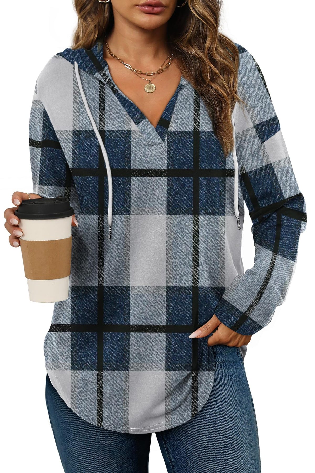 Women's Plaid V-Neck Fleece Hoodie Pullover