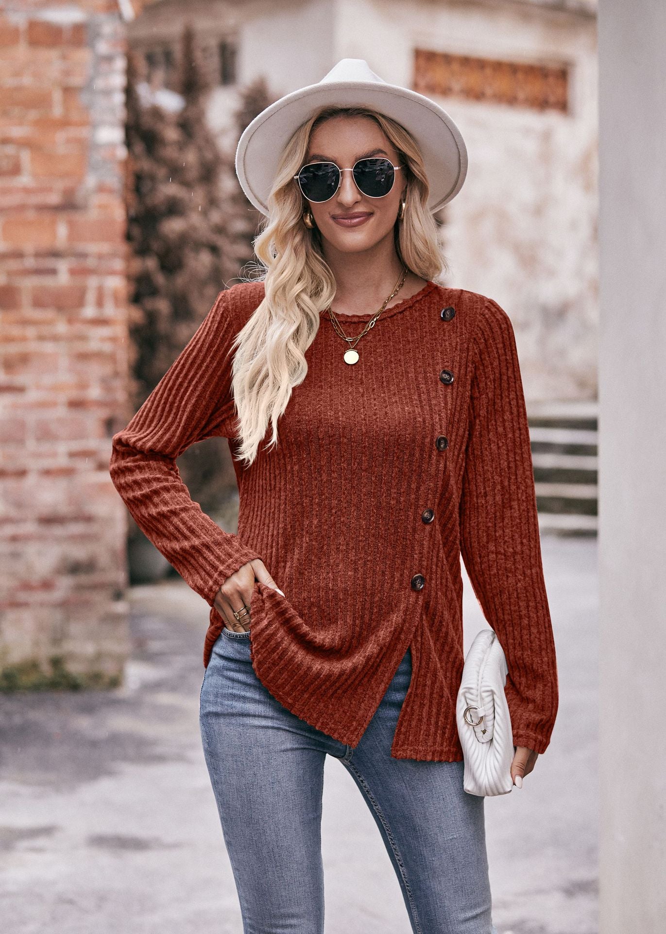 Women's Solid Color Crew Neck Slit Button