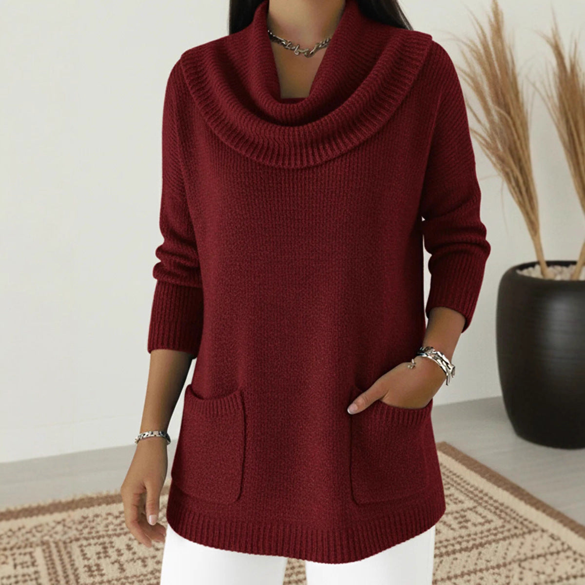 Tunic Sweater Cowl Neck Long Sleeve Top with Pockets