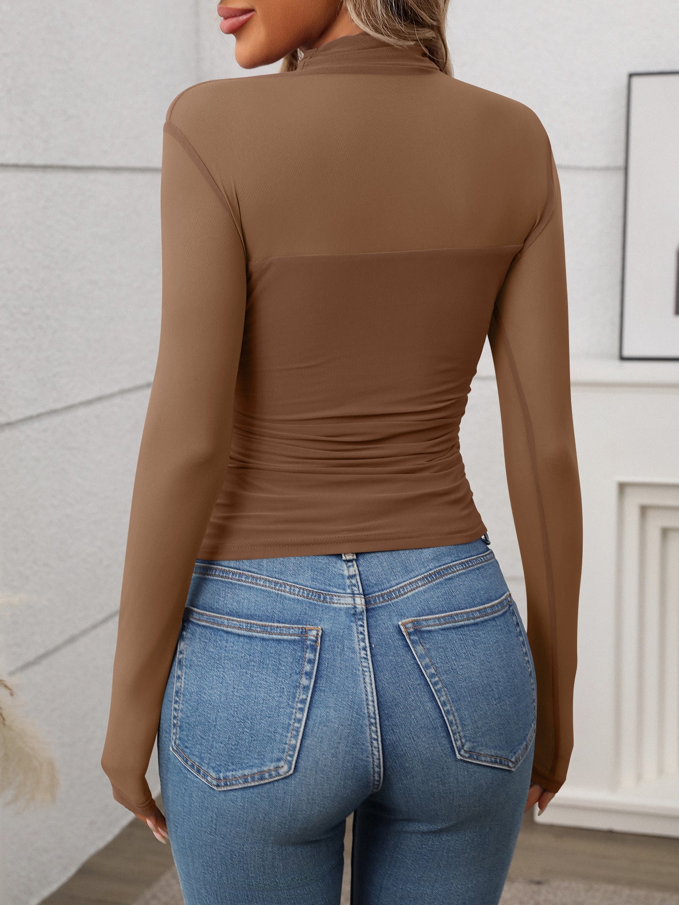 Women's Half High Neck Sheer Long Sleeve Sexy Y2K Mesh Top