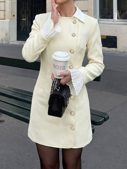 Women's Tweed Blazer Dress Contrast Collar Pleated Cuff