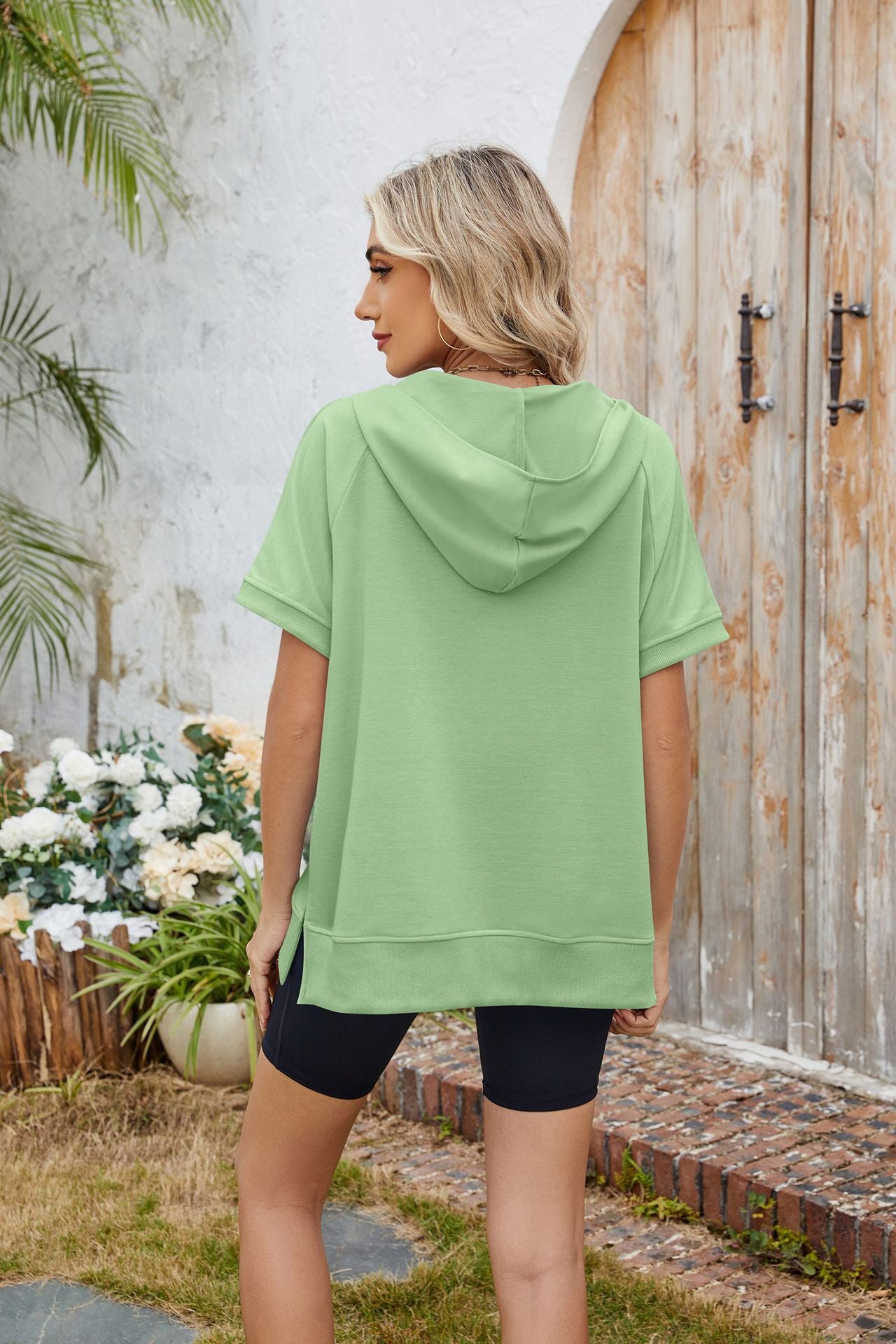 Hooded Short Sleeve Zipper Pocket Sweatshirt