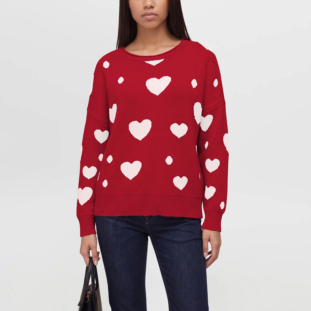Women's Heart Print Oversized Crewneck Knit Sweater