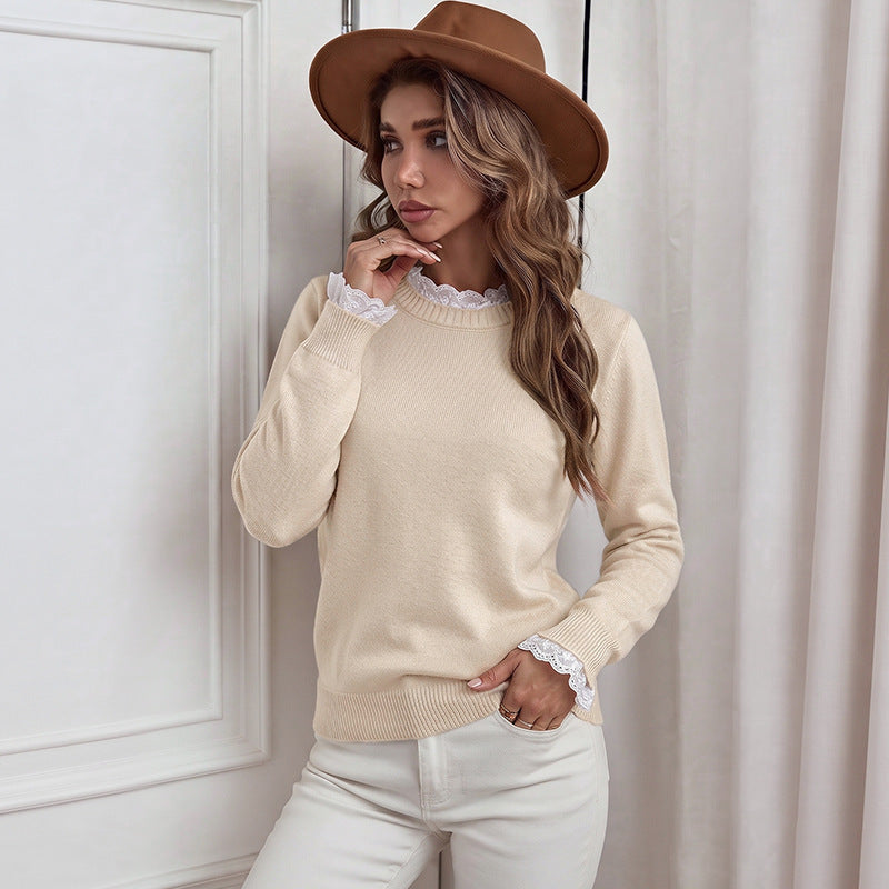 Lace Trim Layered Look Crew Neck Pullover Sweater