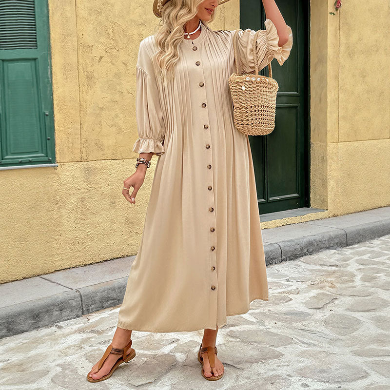 Pleated Lantern Sleeve Button Down Maxi Dress