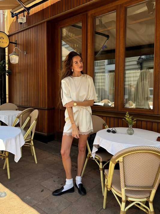 Solid Satin Lounge Set Casual Short Sleeve Two Piece