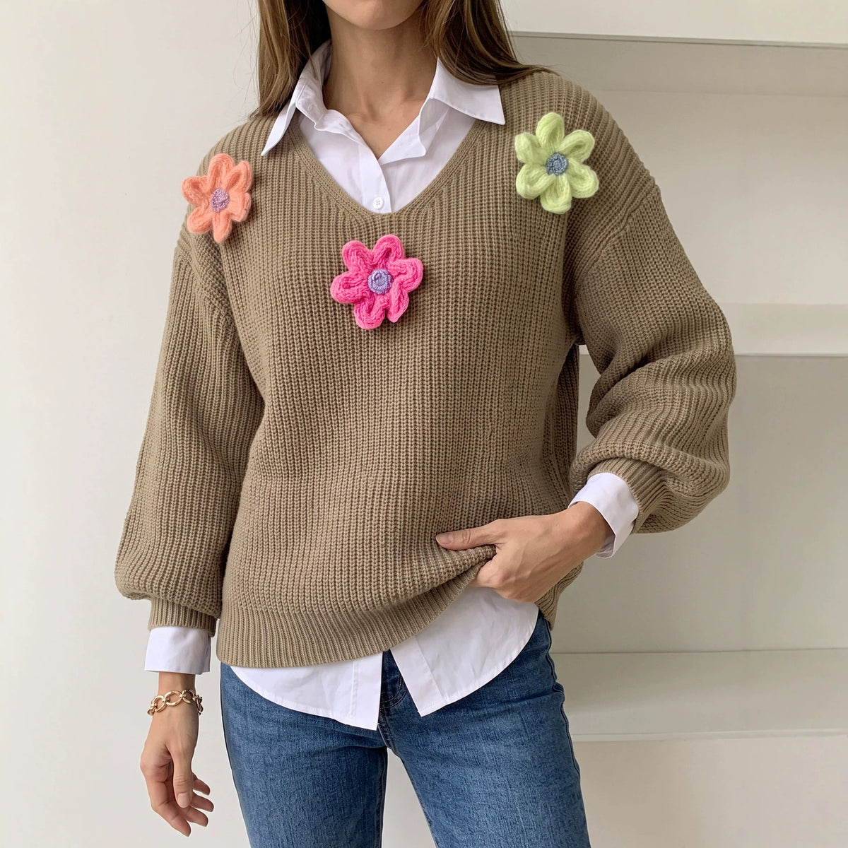 Women's Colorful Chunky Floral V Neck Knit Sweater