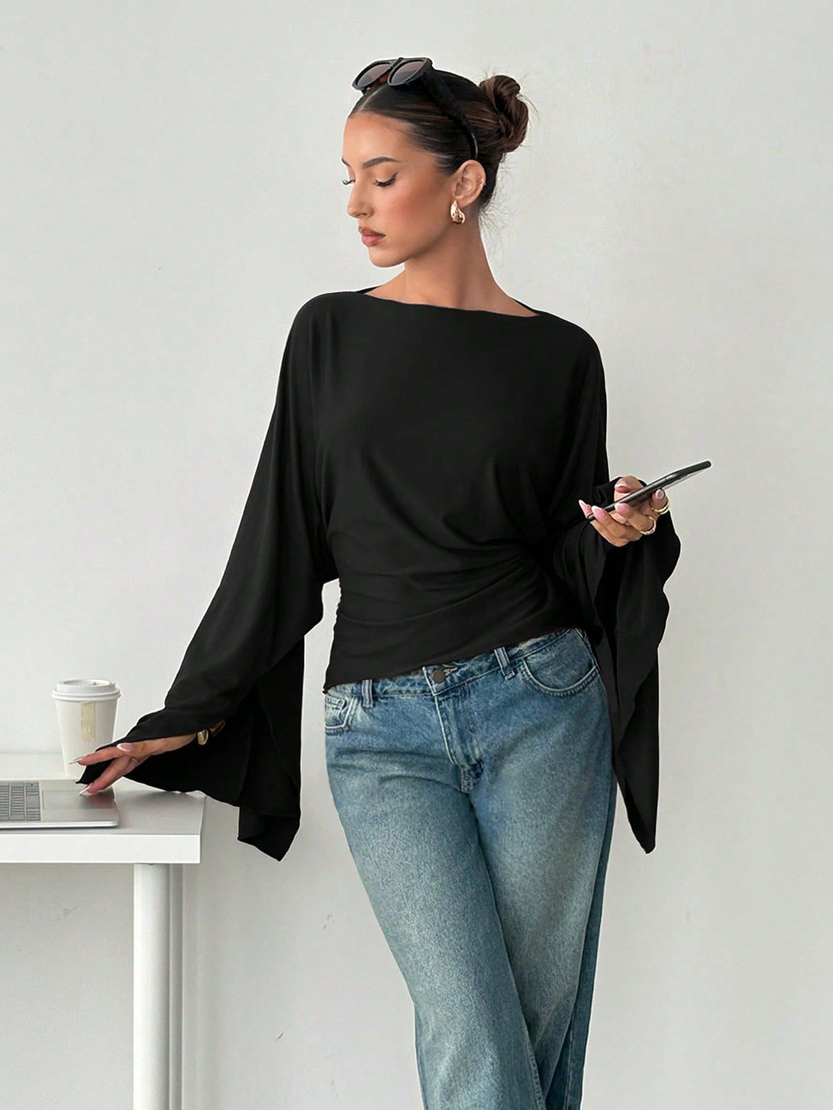 Women's Batwing Sleeve Tie Waist Boat Neck Top