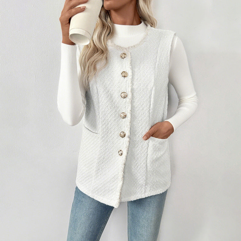 Elegant Tweed Vest Cardigan Women White Sleeveless Jacket