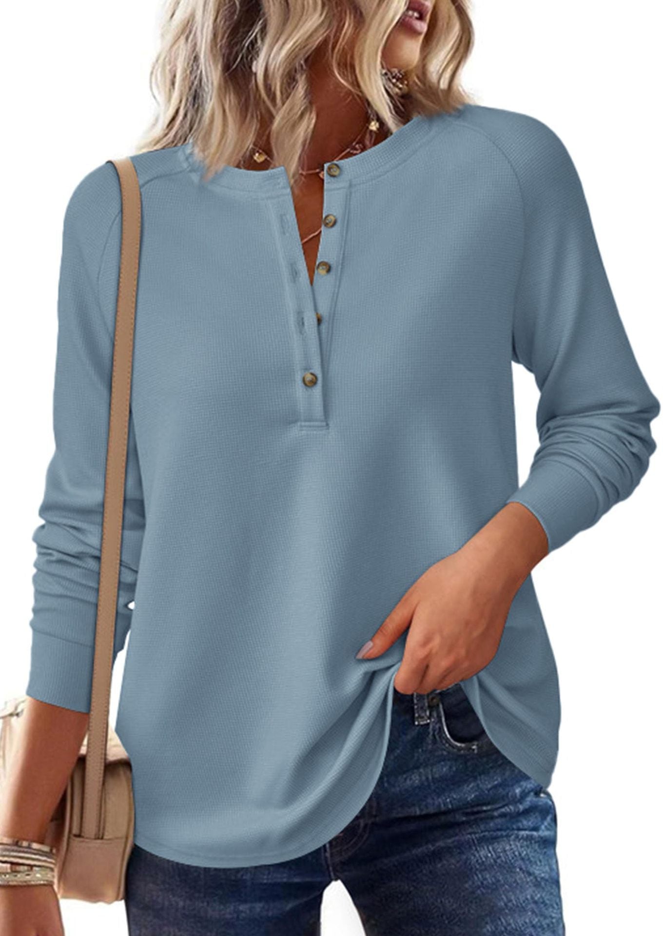 Henley Button Front Waffle Knit Long Sleeve Top