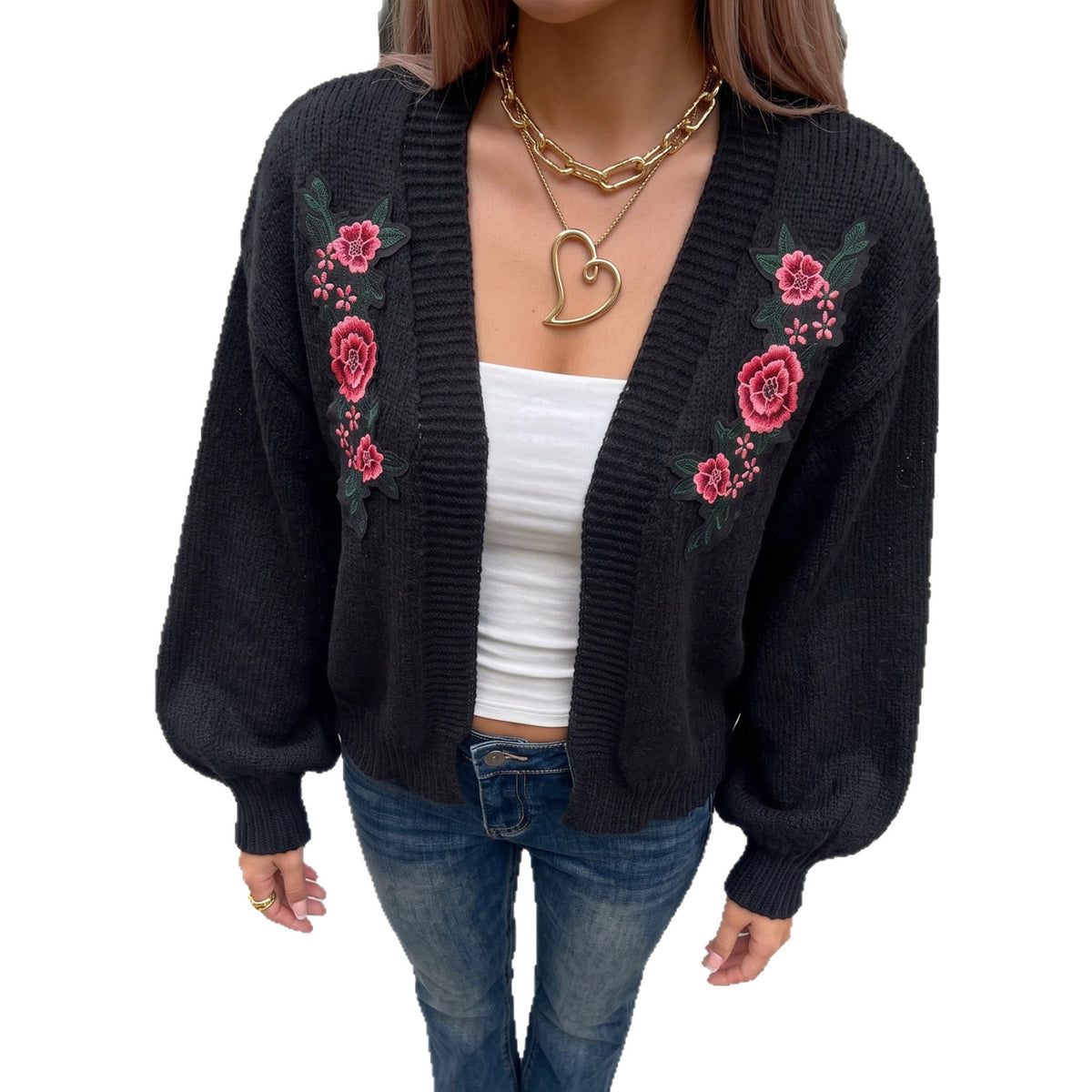 Women's Vintage Rose Embroidered Oversized Cardigan