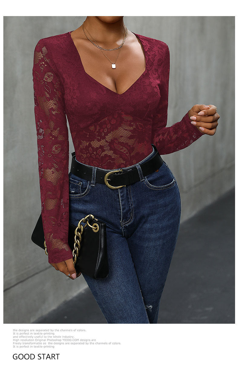 Floral Lace Long Sleeve V Neck Bodysuit