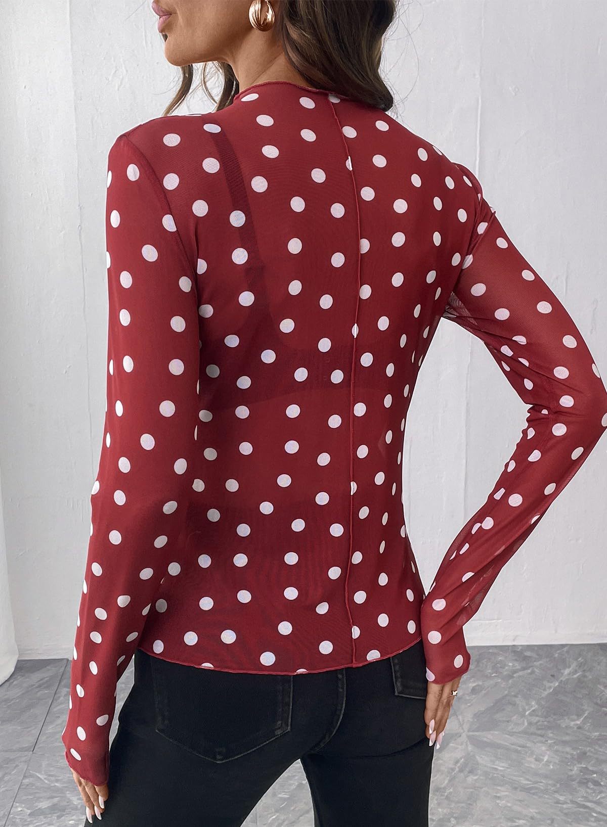 Polka Dot Mesh Top Sheer Fitted Club Blouse