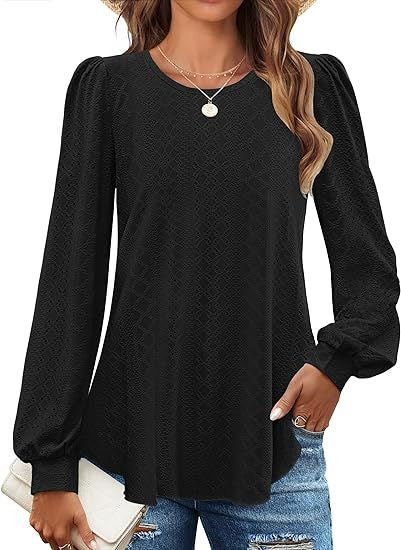 Solid Knit Blouse Casual Eyelet Puff Sleeve Boutique
