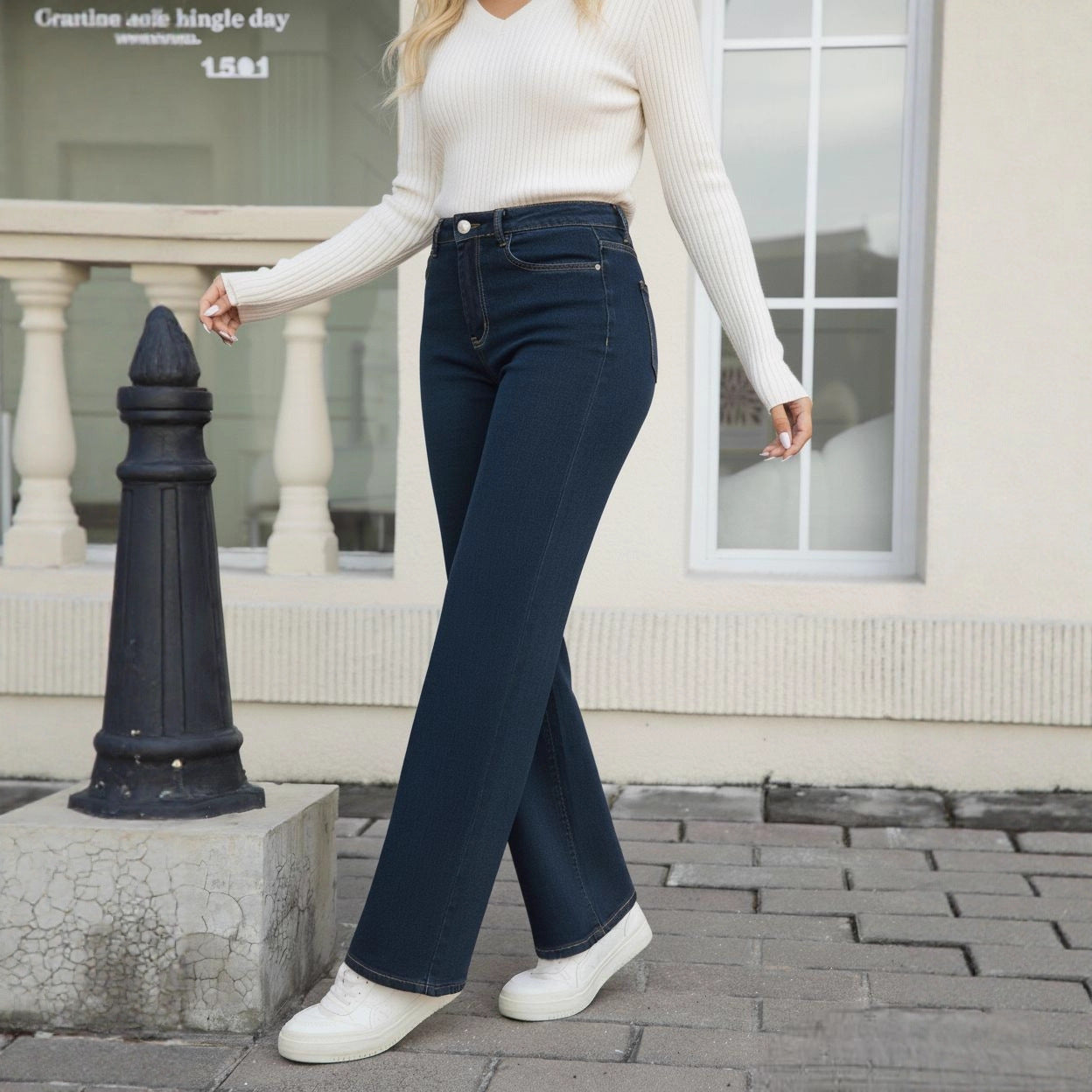 High Waist Washed Wide Leg Denim Jeans for Women