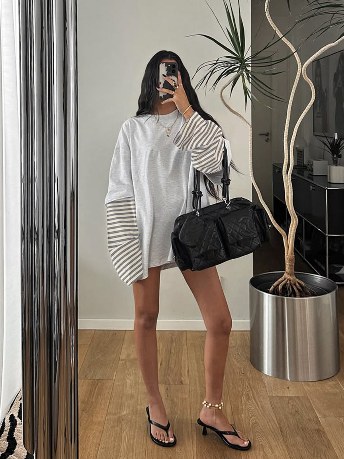 Oversized Contrast Striped Sleeve Cotton Long Sleeve Top