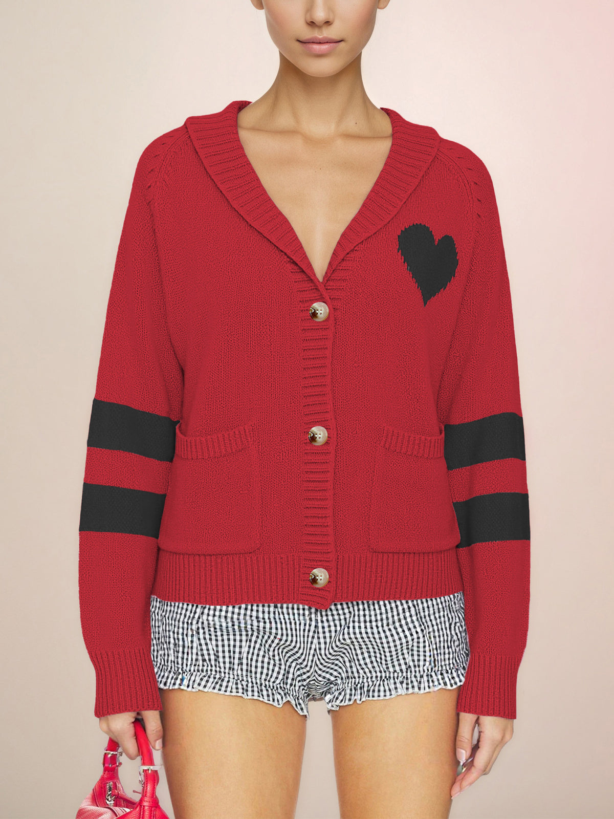 Womens Heart Patch Striped Cardigan Sweater V Neck