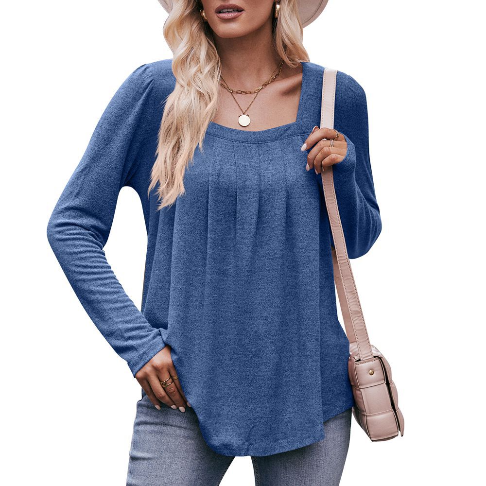 Square Neck Pleated Long Sleeve Casual Knit Top