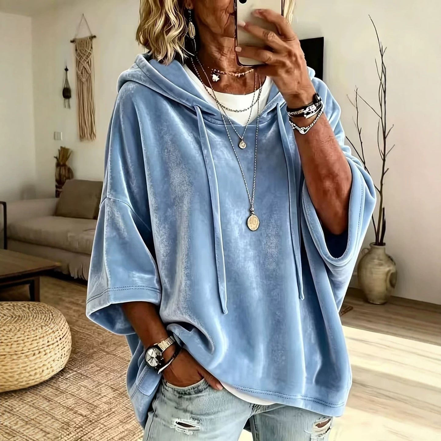 Women’s Oversized V Neck Hooded Sweatshirt 3/4 Sleeve Pullover