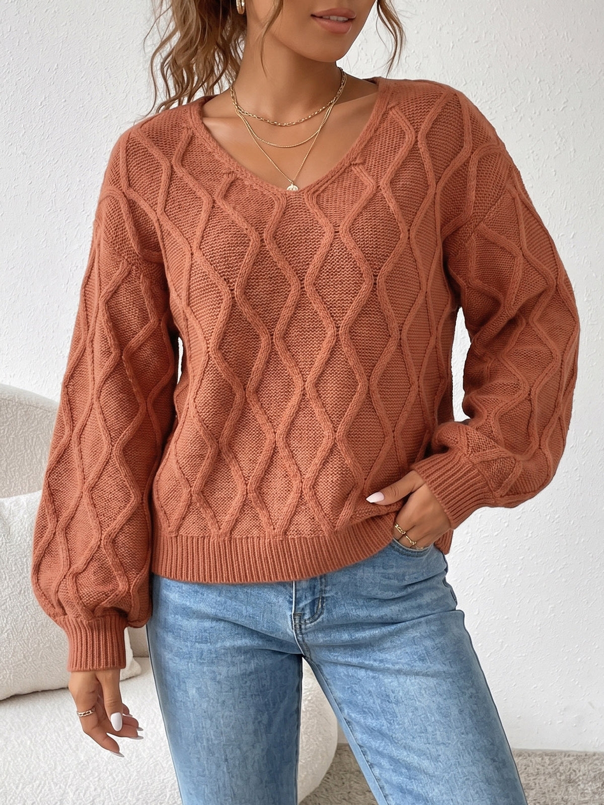 Oversized V Neck Cable Knit Pullover Sweater