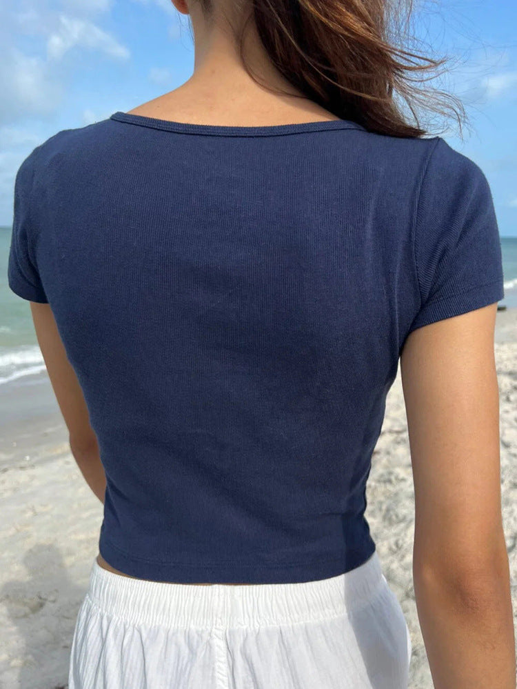 Button Casual Top Solid T-Shirts Slim Short Sleeve