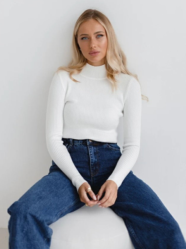 Ribbed Mock Neck Sweater Slim Fit Long Sleeve Knit Top