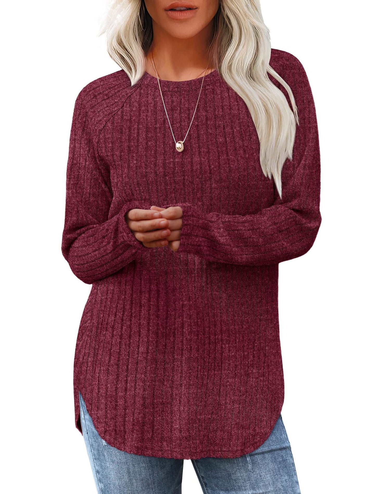 Solid Ribbed Knit Tunic Top Curved Hem Long Sleeve