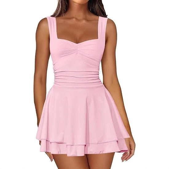 Square Neck Ruched Waist Tiered Mini Dress for Women