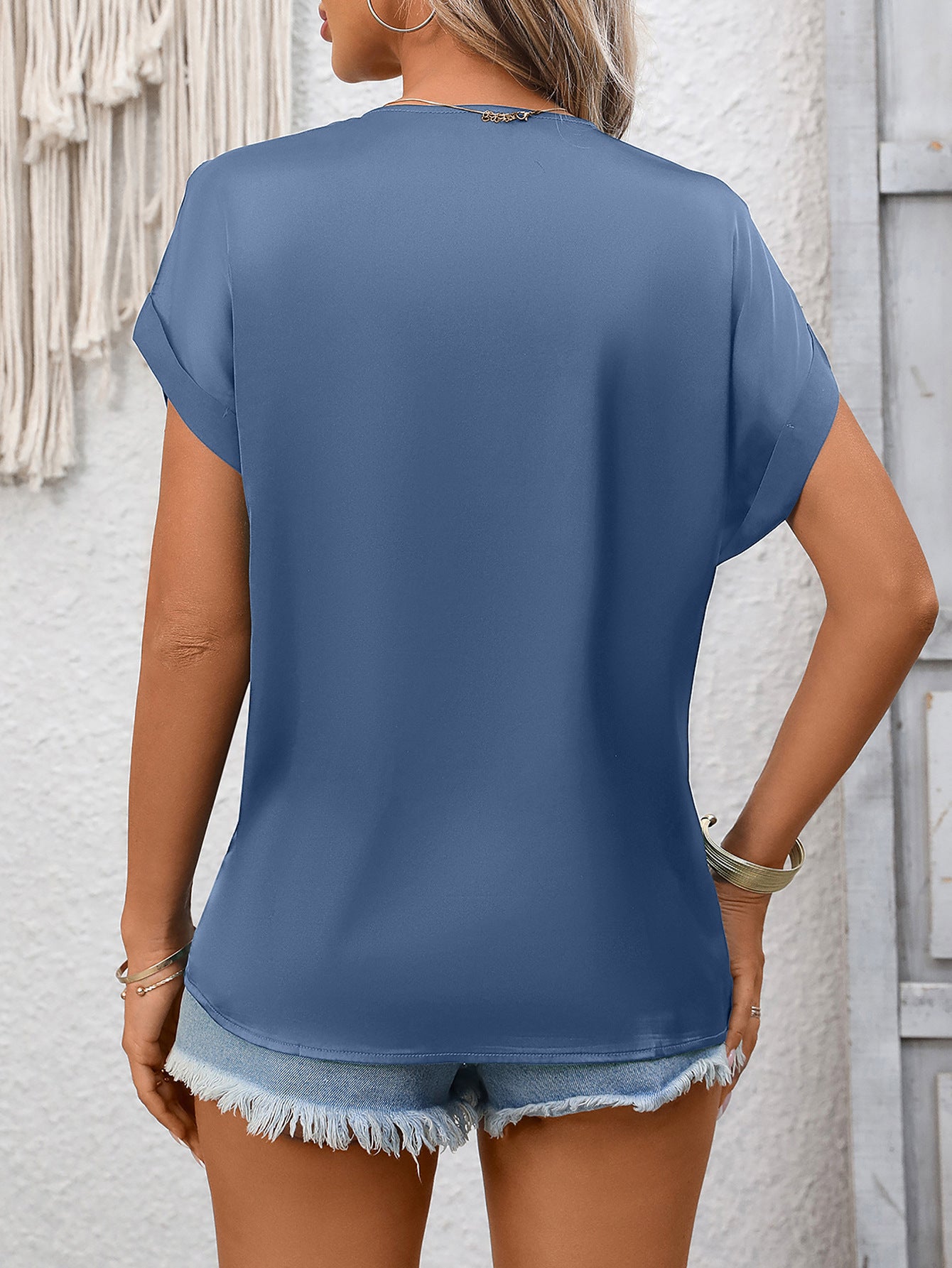 Lace Trim V Neck Satin Blouse Women Summer Short Sleeve Top
