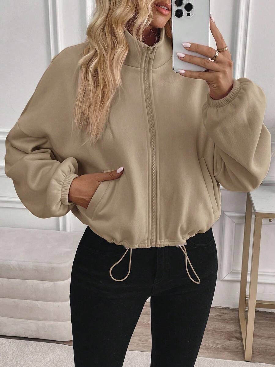 Fleece Zip Up Jacket Drawstring Casual Cropped Outerwear