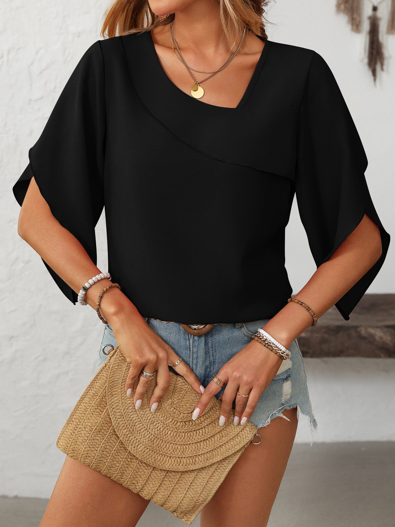 Women's Ruffled Split Sleeve V-Neck Casual Flowing Chiffon Top