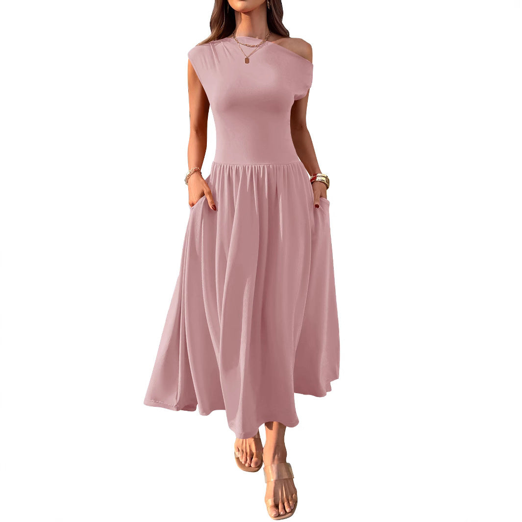 One Shoulder Maxi Dress with Pockets Pleated Skirt