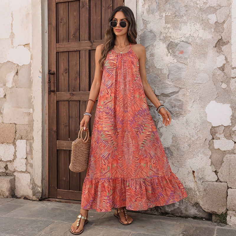 Abstract Gauze Maxi Dress Boho Halter Ruffle