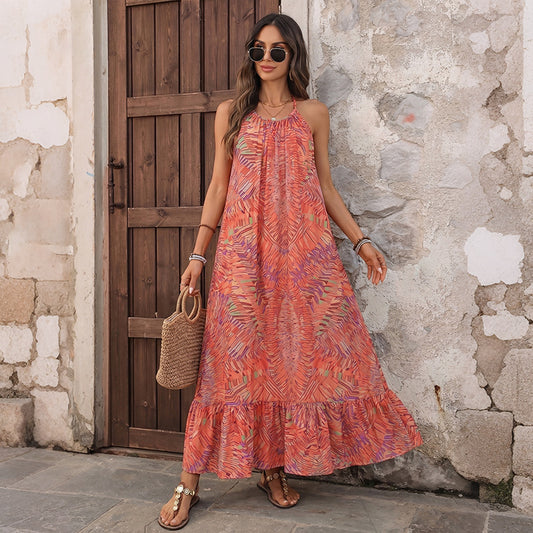 Abstract Gauze Maxi Dress Boho Halter Ruffle