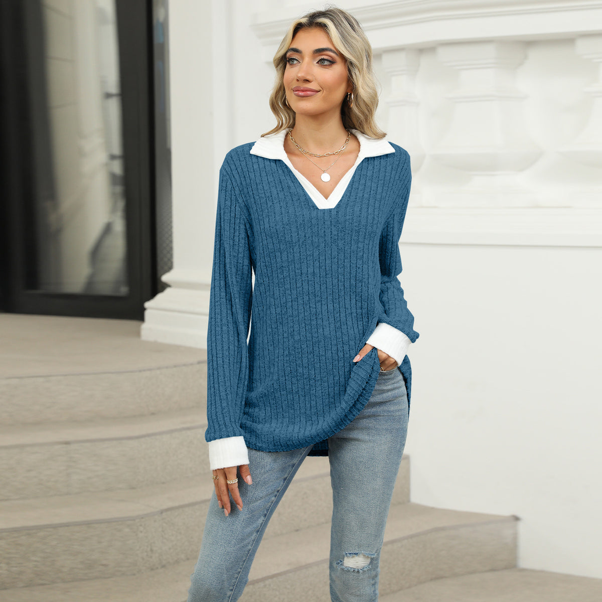 Women's Color Block Collar Long Sleeve Oversized Knit Top