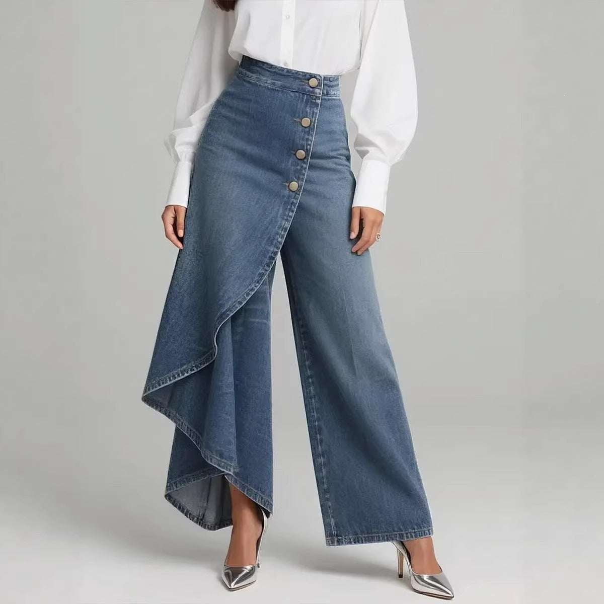 Solid Denim Wide Leg Pants Asymmetric Wrap High Waist Jeans