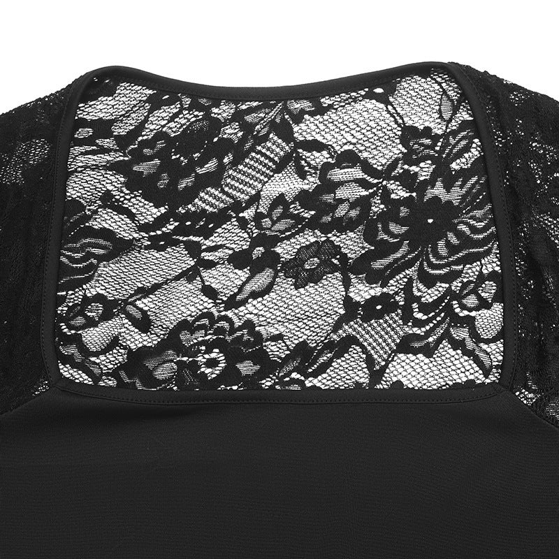 Black Square Neck Lace Long Sleeve Crop Top