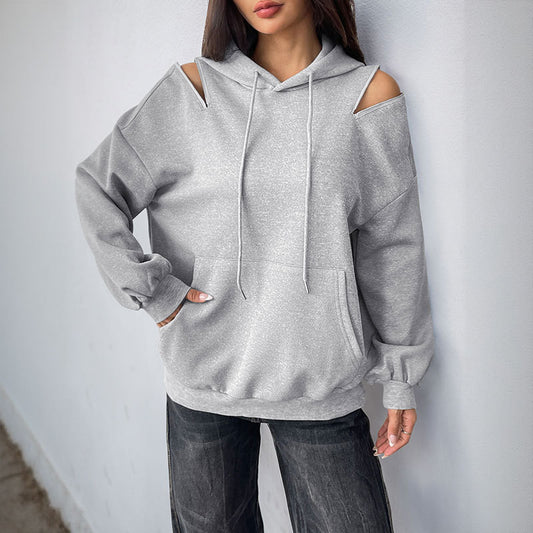 Gray Cold Shoulder Hoodie Women Drawstring Pullover Sweatshirt