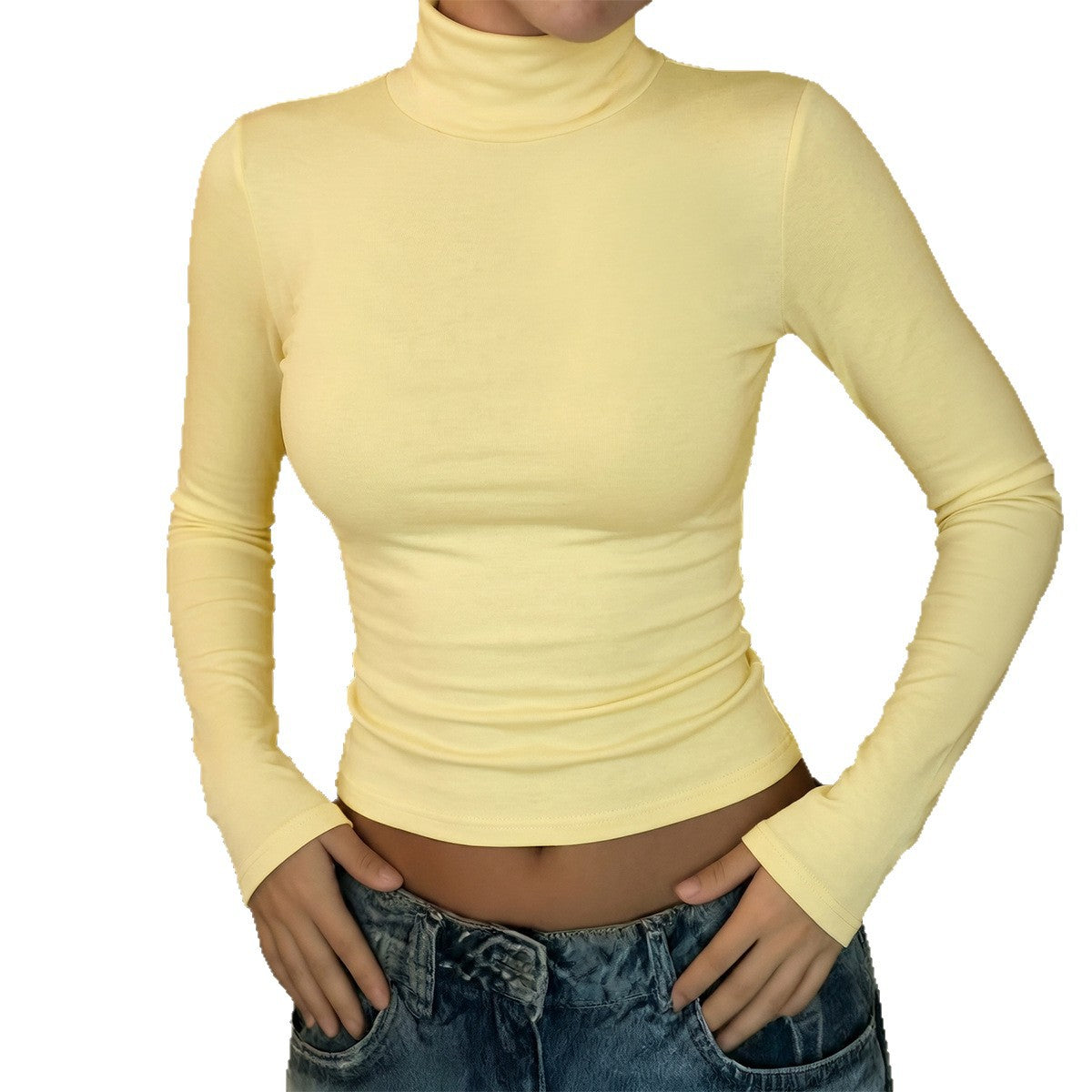 Mock Neck Long Sleeve Fitted Crop Top Soft Stretchy