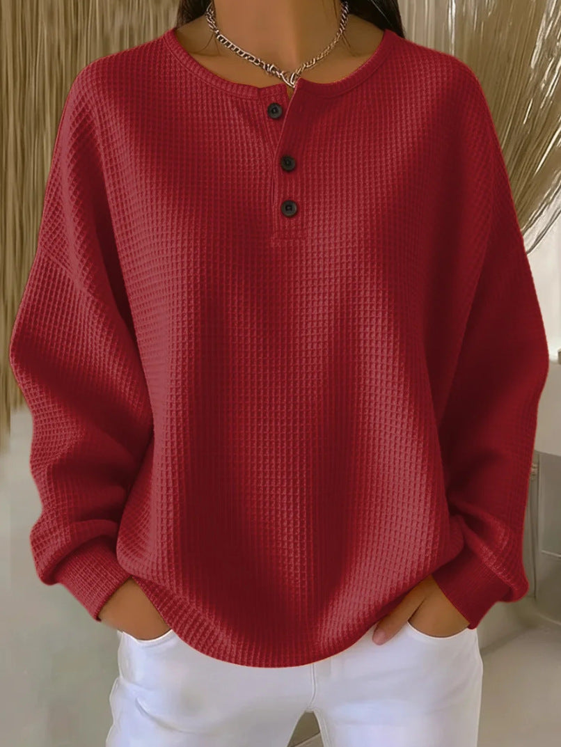 Waffle Knit Henley Top, Oversized Long Sleeve Pullover
