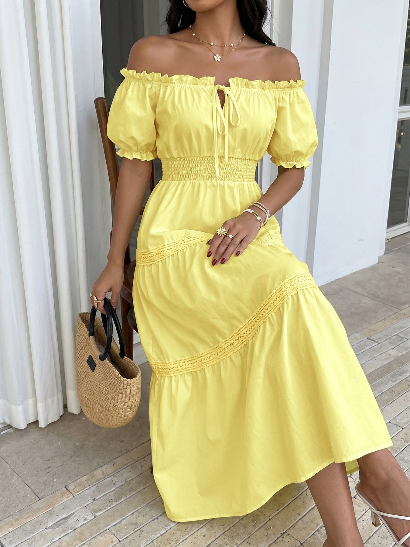 Solid Woven Maxi Dress Resort Smocked Puff Sleeve