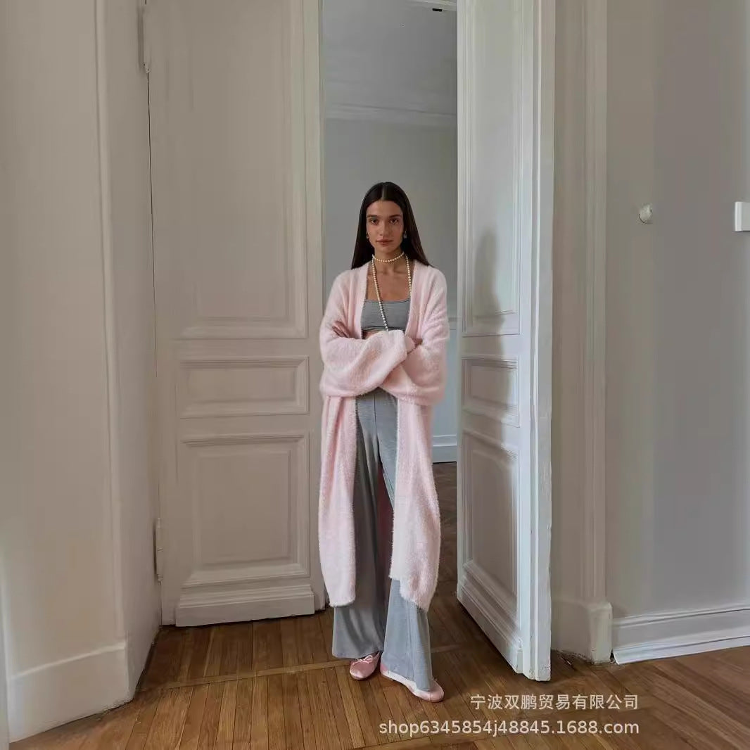 Long Cardigan Sweater with Belt, Fuzzy Open Front