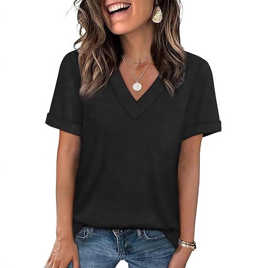 V Neck Basic Tee Short Sleeve Casual Loose Fit Top