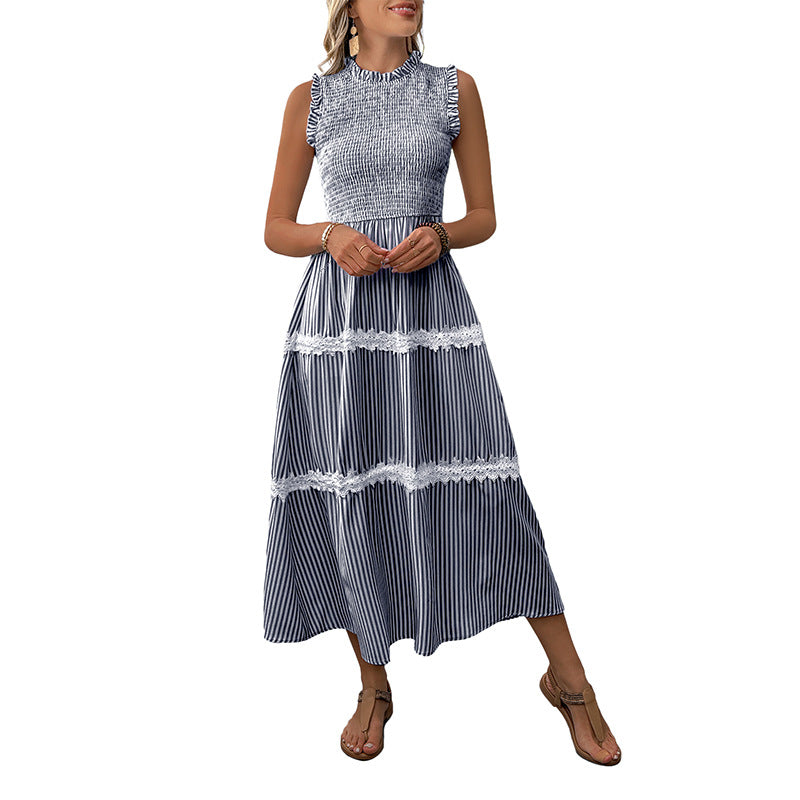 Striped Lace Trim Sleeveless Midi Dress for Summer