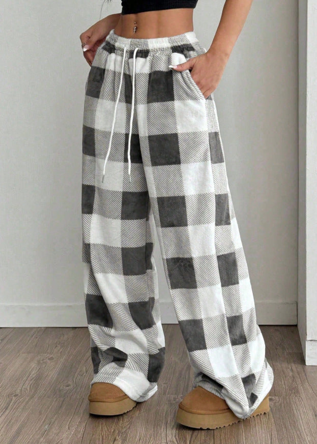 Plaid Fleece Pants Casual Oversized Wide Leg