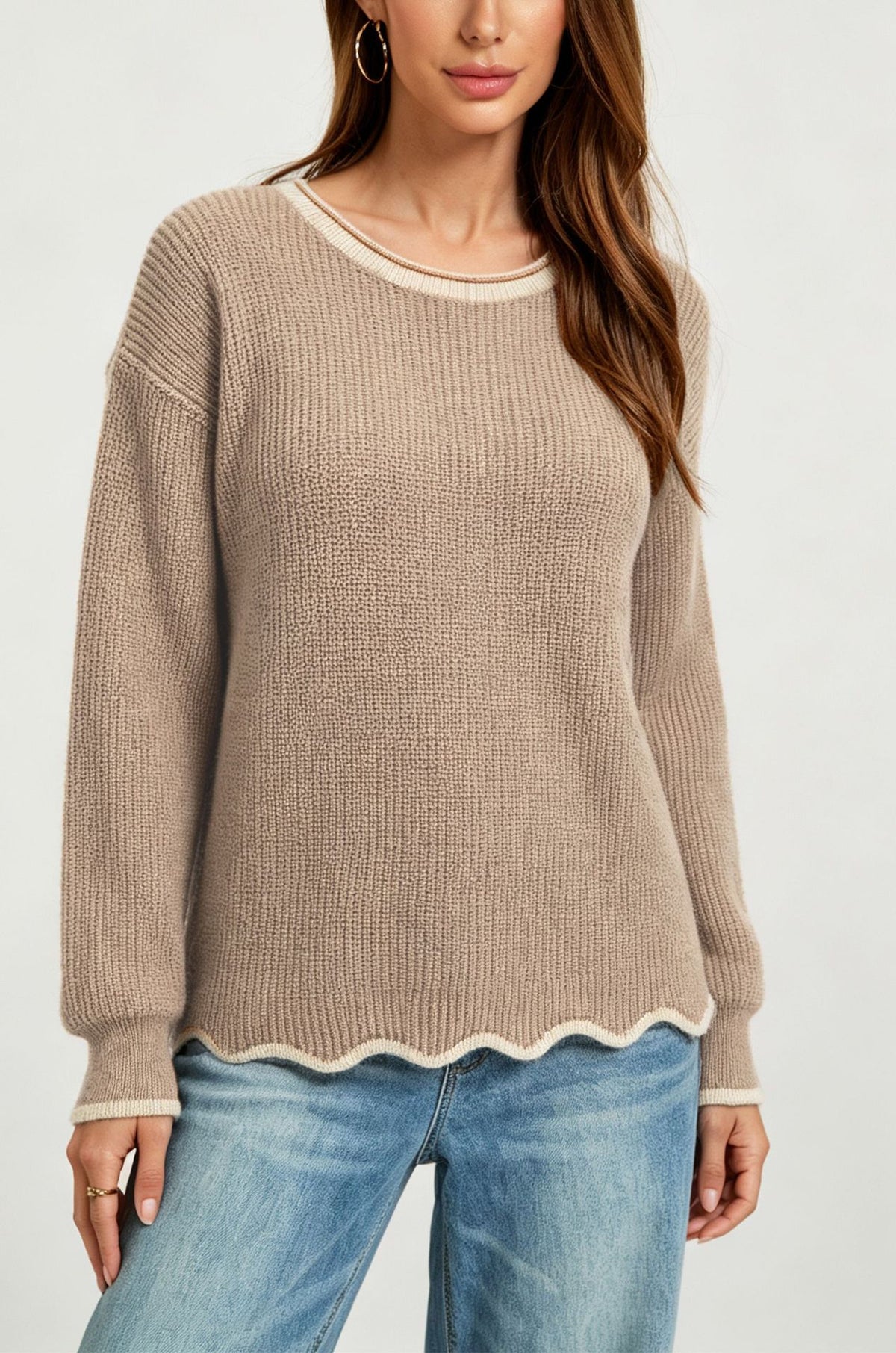 Women's Scalloped Hem Contrast Trim Pullover Sweater