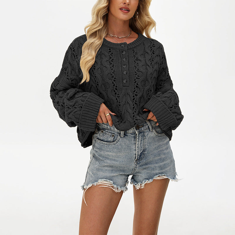 Women's Oversized Cable Knit Cropped Button Sweater