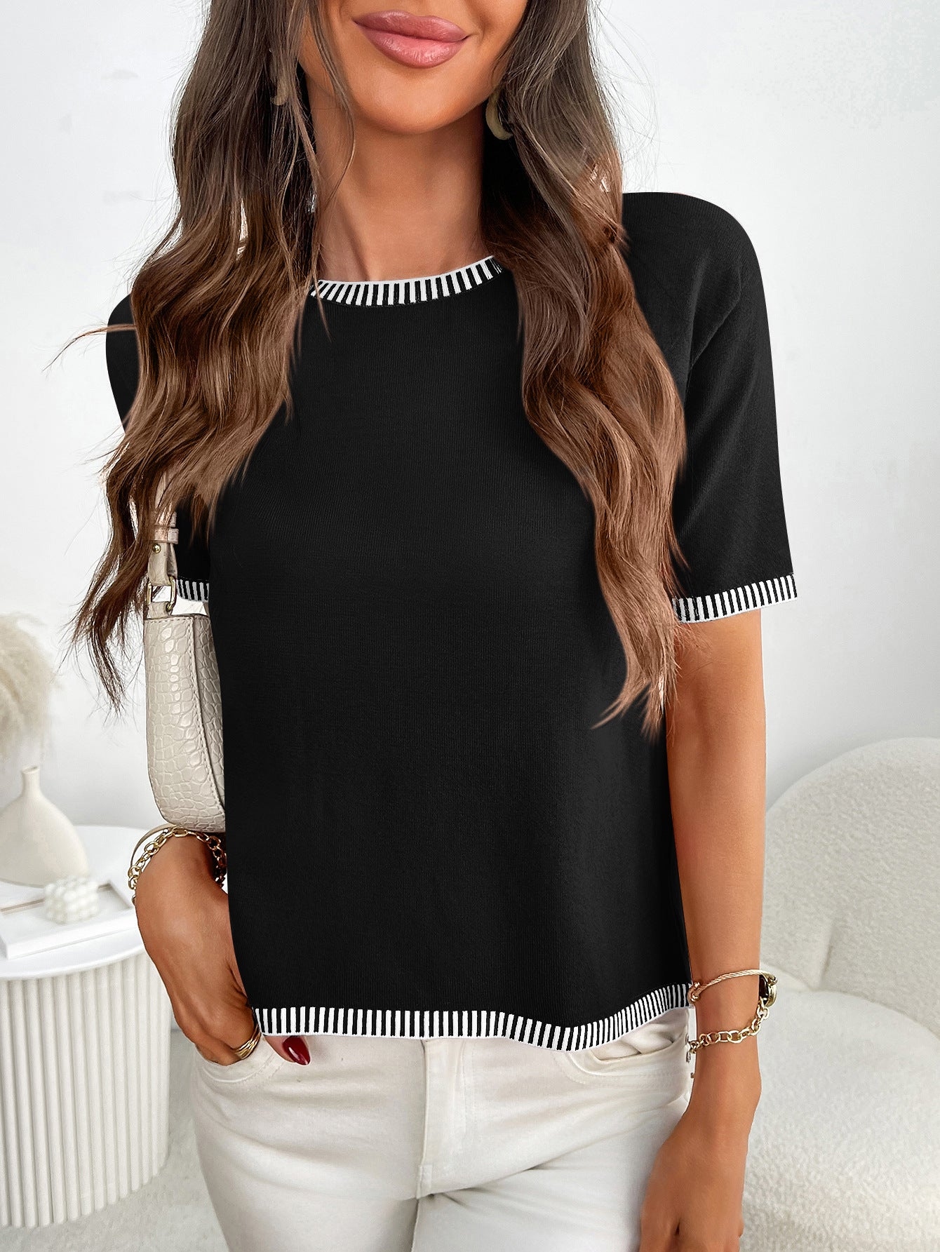 Women’s Striped Trim Short Sleeve Knit Top Pullover Tee