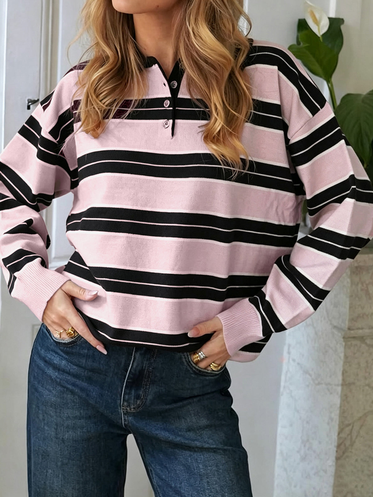 Women's Pink Striped Polo Sweater Long Sleeve Knit Top