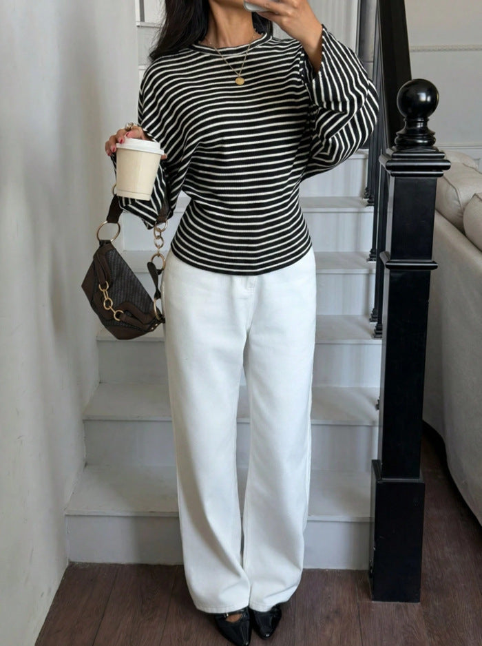 Women's Striped Batwing Waffle Knit Long Sleeve Top